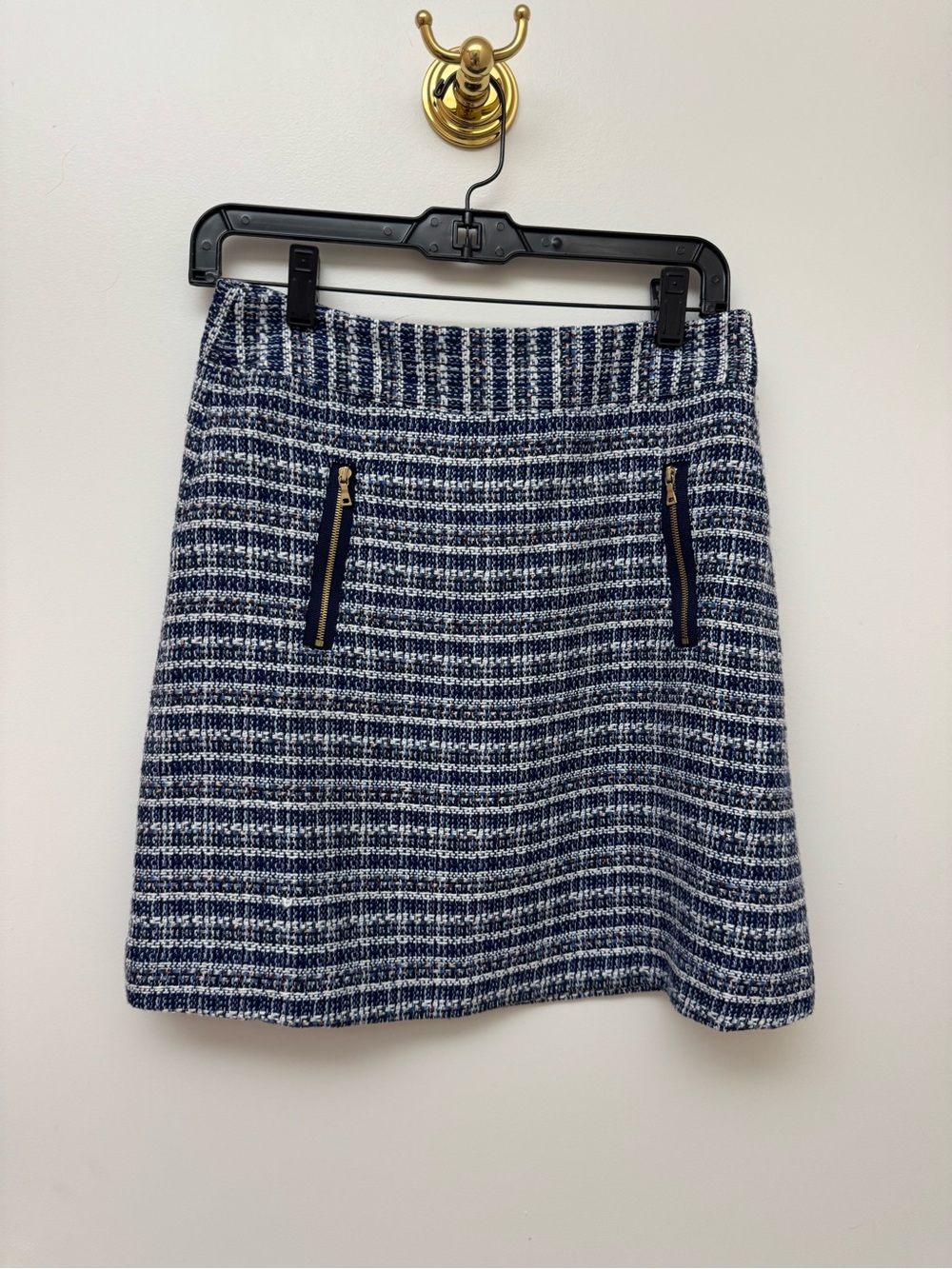 LOFT Navy and White Tweed Mini Skirt with Gold Zipper Accents